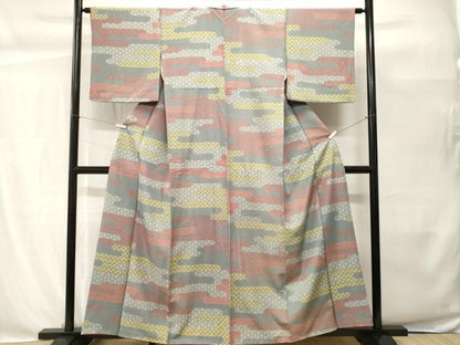 平和屋着物■上質な紬　変わり麻の葉笹文　正絹　逸品　CABH0530ev