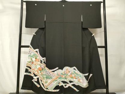 平和屋着物■豪華黒留袖　刺繍　冊子孔雀吉祥花文　正絹　逸品　CABH0587ev