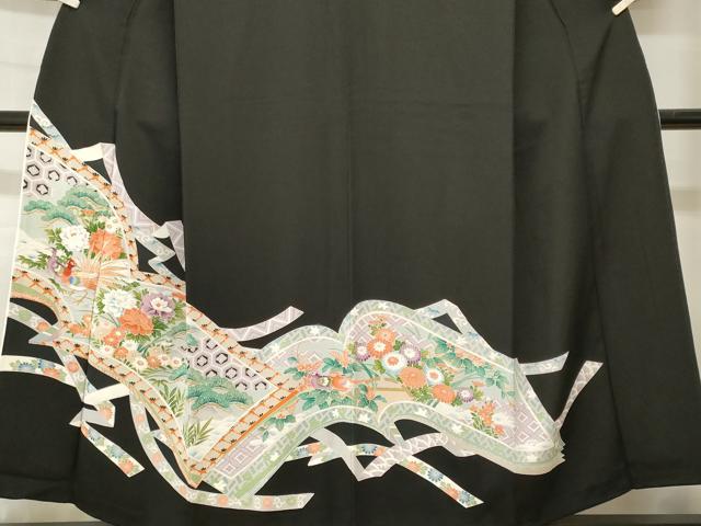 平和屋着物■豪華黒留袖　刺繍　冊子孔雀吉祥花文　正絹　逸品　CABH0587ev