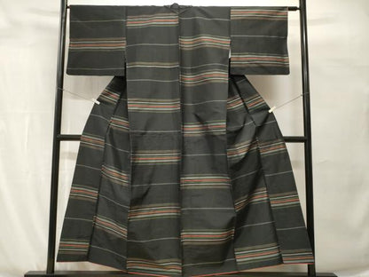 平和屋着物■上質な紬　横段文　黒地　正絹　逸品　CABH0606ev