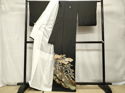平和屋着物■豪華黒留袖　扇面雪輪鳳凰花文　金彩　正絹　逸品　CABH0655ev
