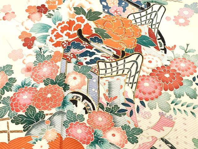 平和屋着物■豪華振袖　駒刺繍　絞り　御所車花唐草文　金彩　正絹　逸品　CABH0684ev
