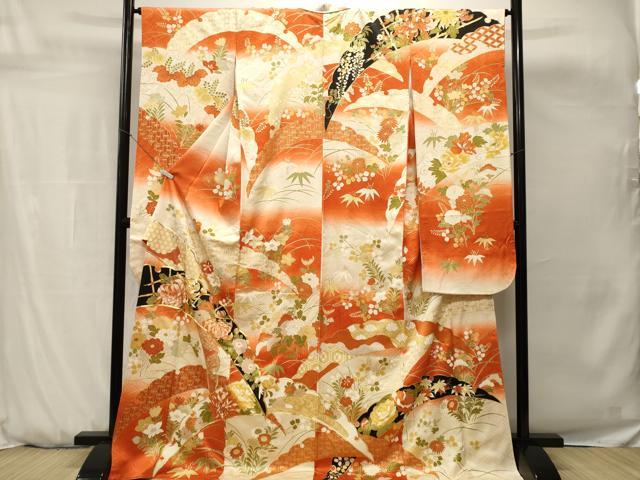 平和屋着物■豪華振袖　駒刺繍　雪芝草花文　暈し染め　金彩　正絹　逸品　CABH0685ev