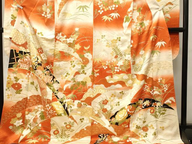 平和屋着物■豪華振袖　駒刺繍　雪芝草花文　暈し染め　金彩　正絹　逸品　CABH0685ev