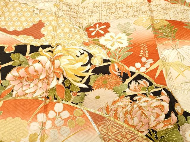 平和屋着物■豪華振袖　駒刺繍　雪芝草花文　暈し染め　金彩　正絹　逸品　CABH0685ev