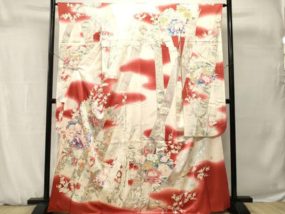 平和屋着物■日本工芸会正会員   福島輝子　振袖　駒刺繍　竹　枝花文　暈し染め　銀彩　正絹　逸品　CABH0703ev