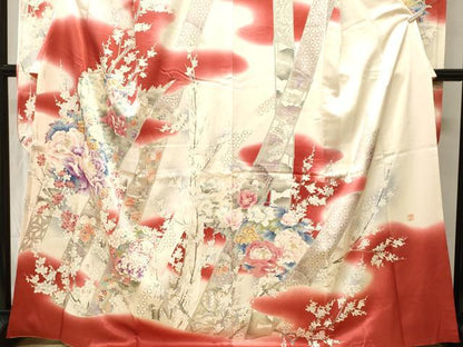 平和屋着物■日本工芸会正会員   福島輝子　振袖　駒刺繍　竹　枝花文　暈し染め　銀彩　正絹　逸品　CABH0703ev