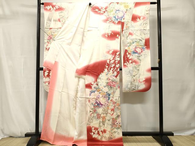 平和屋着物■日本工芸会正会員   福島輝子　振袖　駒刺繍　竹　枝花文　暈し染め　銀彩　正絹　逸品　CABH0703ev