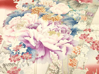 平和屋着物■日本工芸会正会員   福島輝子　振袖　駒刺繍　竹　枝花文　暈し染め　銀彩　正絹　逸品　CABH0703ev