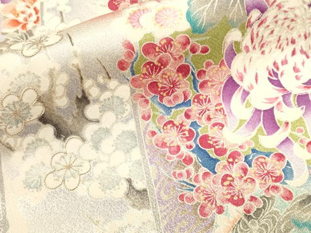 平和屋着物■日本工芸会正会員   福島輝子　振袖　駒刺繍　竹　枝花文　暈し染め　銀彩　正絹　逸品　CABH0703ev