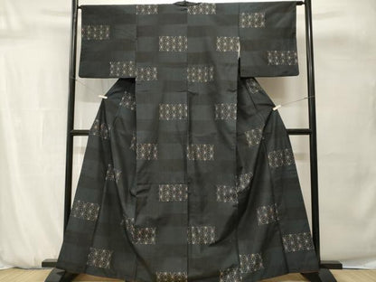 平和屋着物■上質な紬　麻の葉文様　黒地　正絹　逸品　CABH0711ev