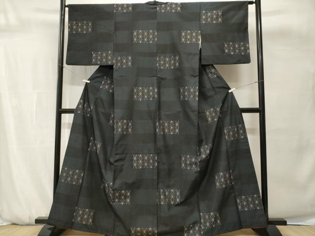 平和屋着物■上質な紬　麻の葉文様　黒地　正絹　逸品　CABH0711ev