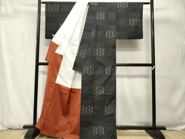 平和屋着物■上質な紬　麻の葉文様　黒地　正絹　逸品　CABH0711ev