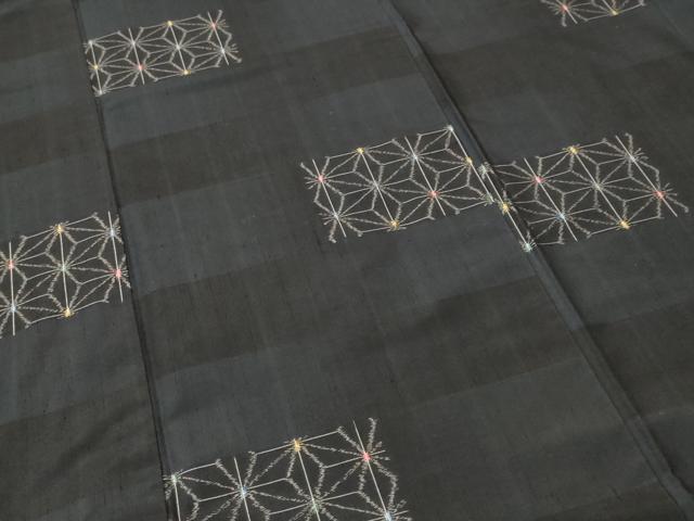 平和屋着物■上質な紬　麻の葉文様　黒地　正絹　逸品　CABH0711ev