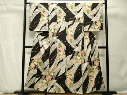 平和屋着物■上質な小紋　扇面花文　黒地　金彩　正絹　逸品　CABH0718ev