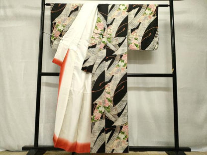 平和屋着物■上質な小紋　扇面花文　黒地　金彩　正絹　逸品　CABH0718ev