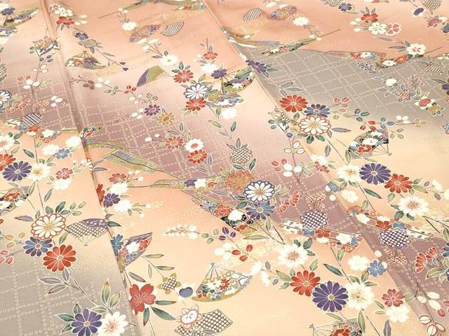 平和屋着物■上質な小紋　扇面枝花文　暈し染め　金銀彩　正絹　逸品　CABH0746ev