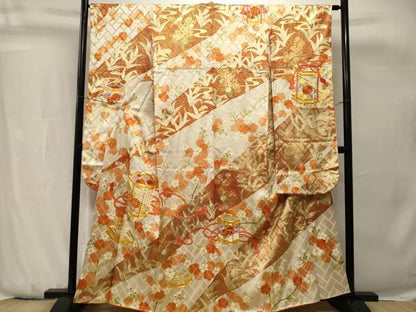 平和屋着物■豪華振袖　駒刺繍　貝桶草花文　金彩　正絹　逸品　CABH0749ev