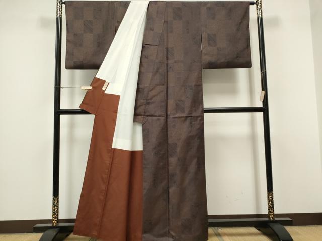 平和屋着物■本場染大島紬　市松草花文　正絹　逸品　CABH0803ou