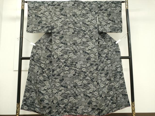 平和屋着物■上質な小紋 風景花松文 黒地 鬼しぼ縮緬 正絹 逸品 CABH0850ou