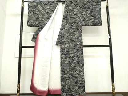 平和屋着物■上質な小紋 風景花松文 黒地 鬼しぼ縮緬 正絹 逸品 CABH0850ou