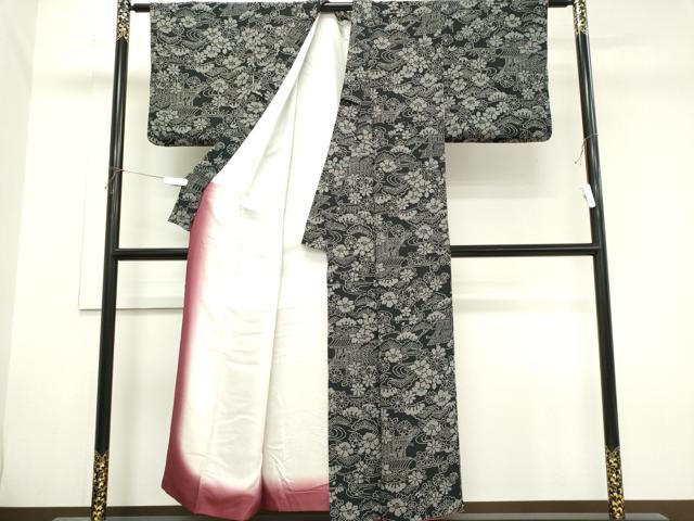 平和屋着物■上質な小紋 風景花松文 黒地 鬼しぼ縮緬 正絹 逸品 CABH0850ou