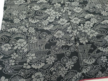 平和屋着物■上質な小紋 風景花松文 黒地 鬼しぼ縮緬 正絹 逸品 CABH0850ou