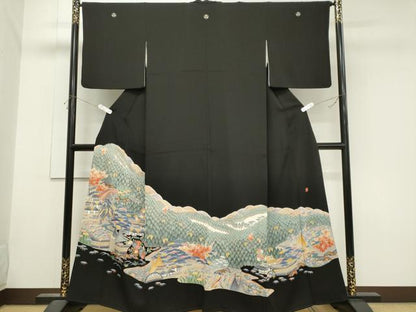 平和屋着物■豪華黒留袖　友禅　作家物　遠山風景文　正絹　逸品　CABH0868ou