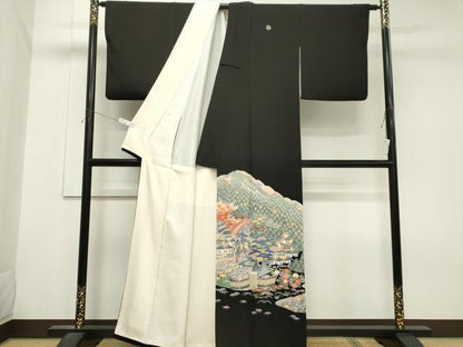 平和屋着物■豪華黒留袖　友禅　作家物　遠山風景文　正絹　逸品　CABH0868ou