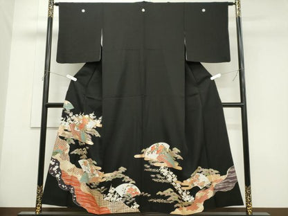平和屋着物■豪華黒留袖　駒刺繍　地紙草花文　金銀彩　正絹　逸品　CABH0870ou