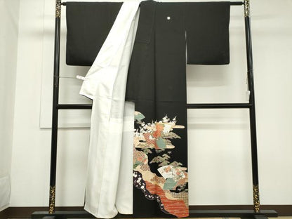 平和屋着物■豪華黒留袖　駒刺繍　地紙草花文　金銀彩　正絹　逸品　CABH0870ou