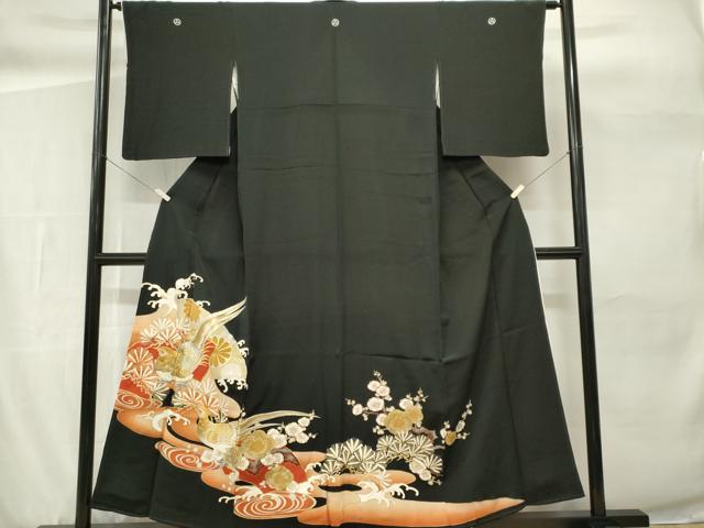 平和屋着物■豪華黒留袖　駒刺繍　尾長鳥流水梅松文　金彩　正絹　逸品　CABH0879ou