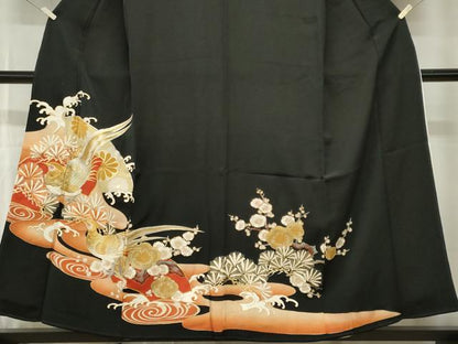 平和屋着物■豪華黒留袖　駒刺繍　尾長鳥流水梅松文　金彩　正絹　逸品　CABH0879ou