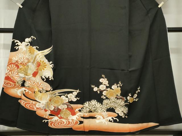 平和屋着物■豪華黒留袖　駒刺繍　尾長鳥流水梅松文　金彩　正絹　逸品　CABH0879ou
