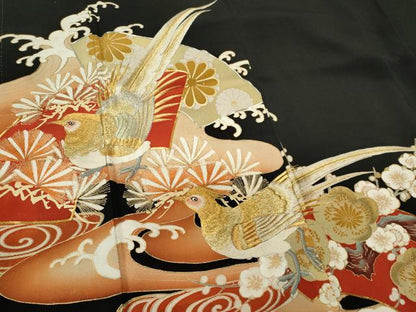 平和屋着物■豪華黒留袖　駒刺繍　尾長鳥流水梅松文　金彩　正絹　逸品　CABH0879ou