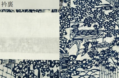 平和屋着物＊夏物　浴衣・小紋兼用　綿絽　藍　型染め　人物風景文　綿　逸品　CABH0928ou