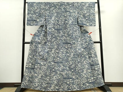 平和屋着物＊夏物　浴衣・小紋兼用　綿絽　藍　型染め　人物風景文　綿　逸品　CABH0928ou