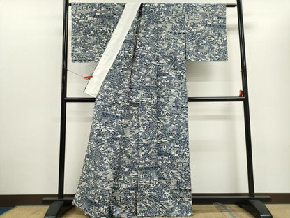 平和屋着物＊夏物　浴衣・小紋兼用　綿絽　藍　型染め　人物風景文　綿　逸品　CABH0928ou