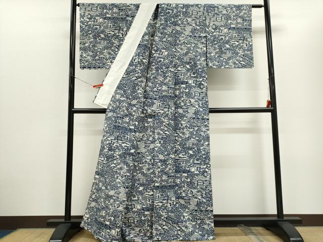 平和屋着物＊夏物　浴衣・小紋兼用　綿絽　藍　型染め　人物風景文　綿　逸品　CABH0928ou