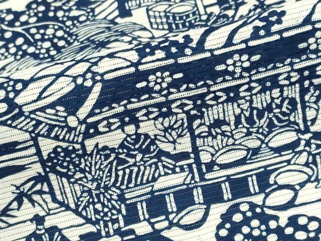 平和屋着物＊夏物　浴衣・小紋兼用　綿絽　藍　型染め　人物風景文　綿　逸品　CABH0928ou