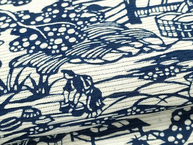 平和屋着物＊夏物　浴衣・小紋兼用　綿絽　藍　型染め　人物風景文　綿　逸品　CABH0928ou