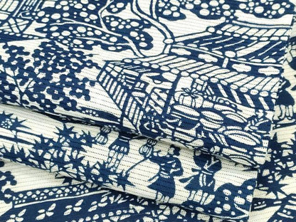 平和屋着物＊夏物　浴衣・小紋兼用　綿絽　藍　型染め　人物風景文　綿　逸品　CABH0928ou