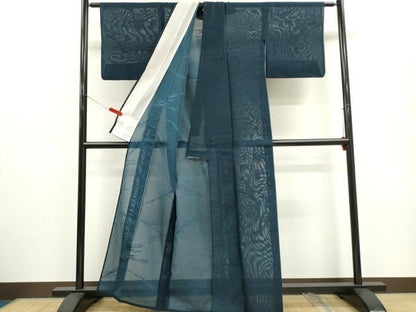 平和屋着物＊夏物　色無地　舞葉紋紗　青藍色　正絹　逸品　CABH0929ou