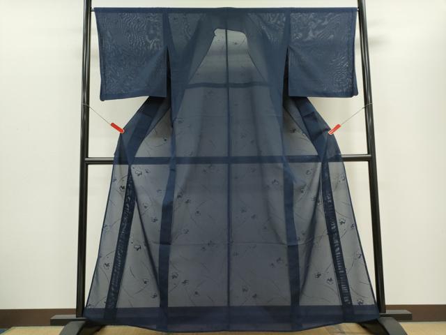 平和屋着物＊夏物　色無地　絽　舞葉文紗　紺青色　正絹　逸品　CABH0931ou