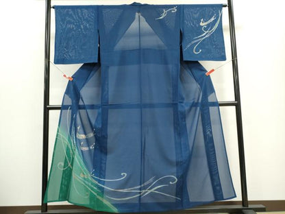 平和屋着物＊夏物　訪問着　絽　蔦の葉鳥文　暈し染め　銀彩　正絹　逸品　CABH0949ou