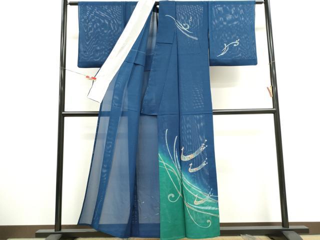 平和屋着物＊夏物　訪問着　絽　蔦の葉鳥文　暈し染め　銀彩　正絹　逸品　CABH0949ou