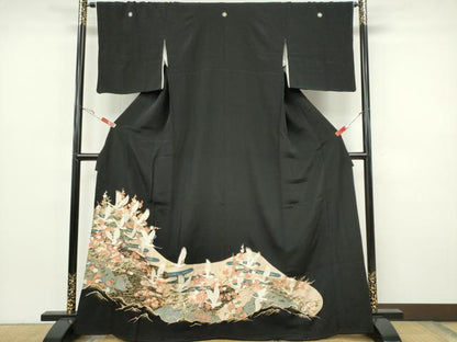 平和屋着物■豪華黒留袖　飛鶴流水花文　正絹　逸品　CABH1108ou