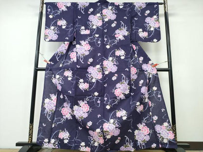 平和屋着物∴夏物　浴衣　舞蝶シルエット　花束文　綿　逸品　CABH1204ng