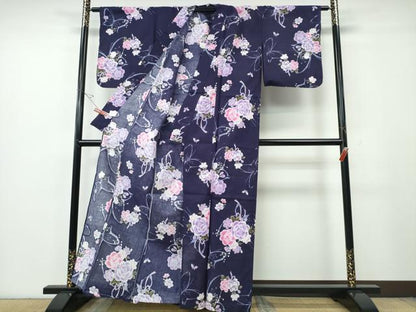 平和屋着物∴夏物　浴衣　舞蝶シルエット　花束文　綿　逸品　CABH1204ng