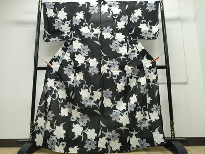 平和屋着物∴夏物 浴衣 百合 黒地 綿 逸品 CABH1207ng